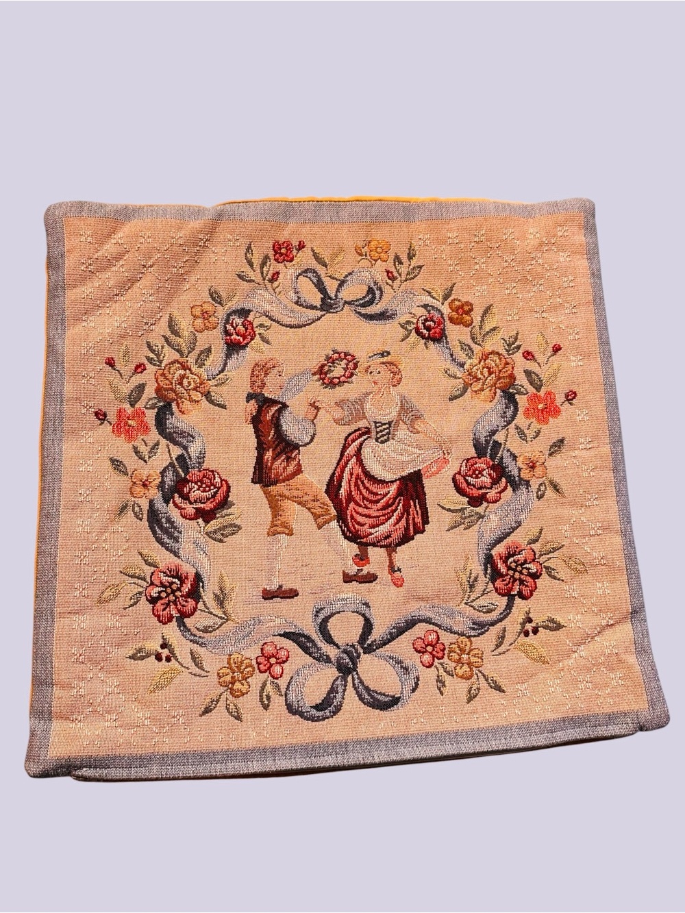 J Pansu Paris France Tapestry Pillow Cover 18” Dancing Couple Zipper Close Vtg